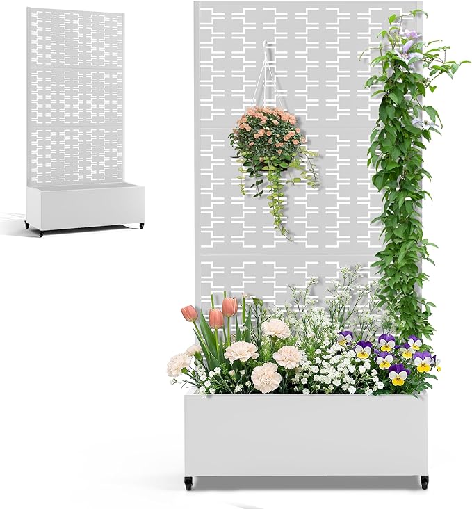 Planter Box with Trellis and Wheels, Metal Privacy Screen with Garden Beds Outdoor for Climbing Plants, Standing Planter Boxes with Drainage Holes (35" L×16" W×71" H, White Rectangle)