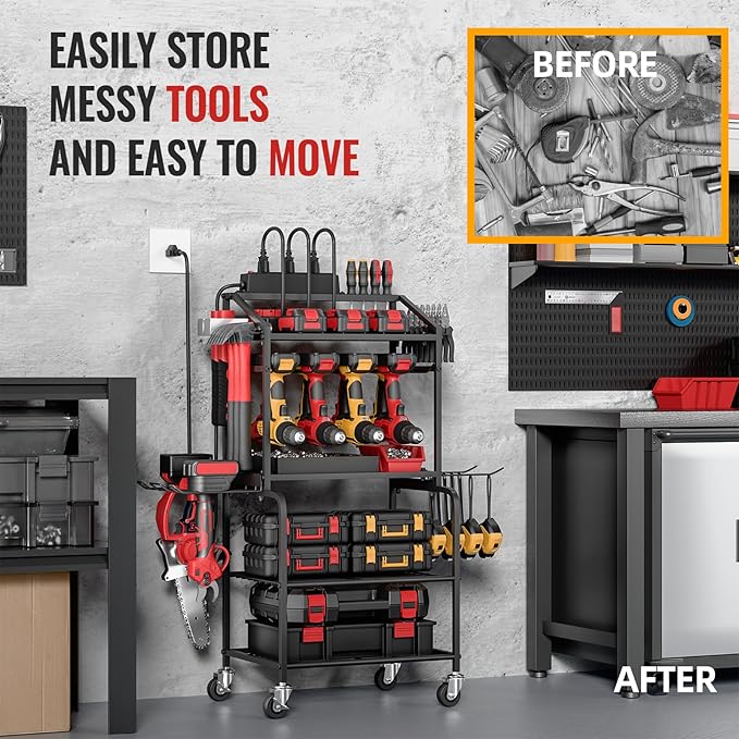 Power Tool Organizer Cart with Charging Station, Garage Floor Standing Rolling Drill and Tools Battery Storage Cart on Wheels, Rolling Tool Cart with 6 Outlet Power Strip