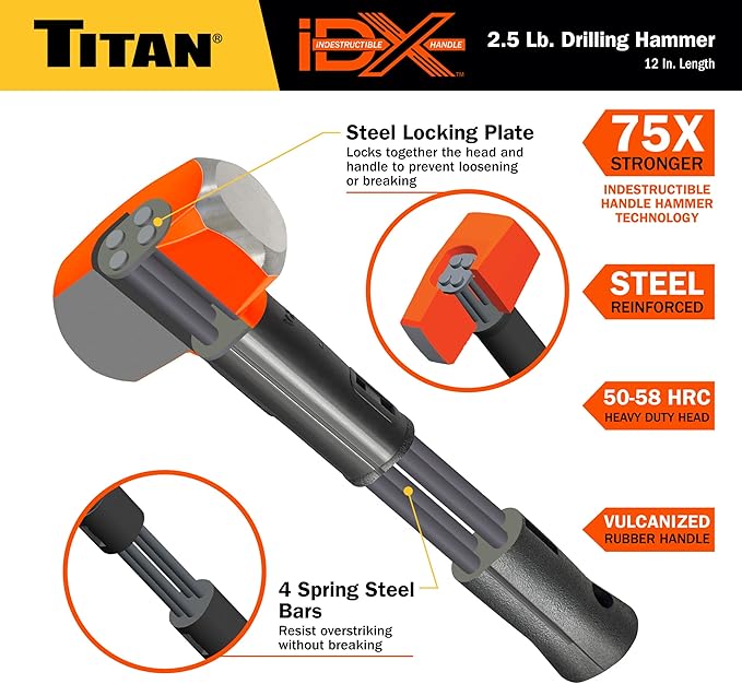 Titan iDX 63612 2.5lb Drilling Hammer, Sledgehammer with 12" Indestructible Handle Reinforced with Steel Locking Plates & Steel Bars, Vulcanized Rubber Grip, Overtstrike Protection