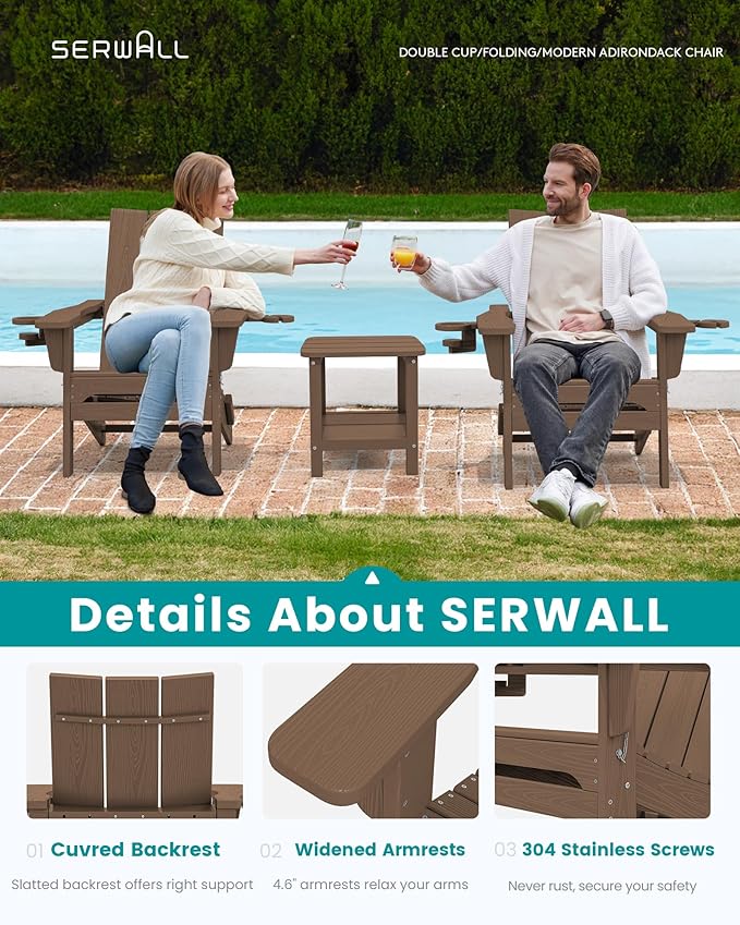 SERWALL Modern Adirondack Chair Set of 8, Folding Adirondack Chair with Cup Holders, Outdoor HDPE Fire Pit Chairs for All Weather Use, Brown