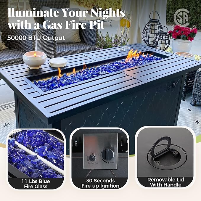 Patio Furniture Set, 4 Pcs Metal Outdoor Conversation Set, 2 Swivel Chairs and 3 Seater Sofa with 5.75" Extra Thick Cushion and Gas Fire Pit Table for Backyard Deck, Navy Blue