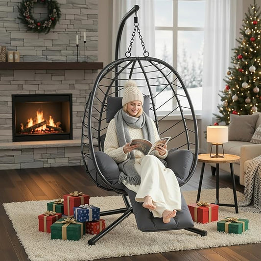 ONBRILL Hanging Egg Chair with Adjustable Footrest & Stand, Wicker Rattan Swing Hammock Chair with Cushion & Double Chains, 350LBS Capacity for Outdoor & Indoor Patio, Deck, Bedroom, Balcony (BL-GR)