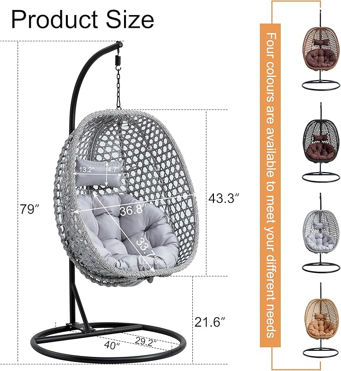 Hanging Egg Chair with Stand, Egg Swing Chair with Stand Indoor Outdoor,Grey Wicker Swing Egg Chair for Adults, Hammock Chair with Comfortable Cushion and Stable Round Metal Base for Bedroom Patio
