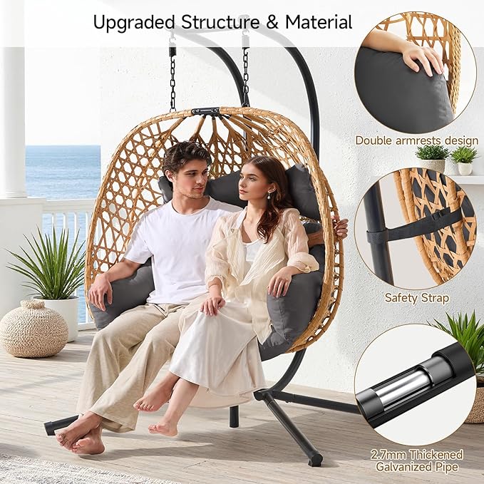 ONBRILL Double Hanging Egg Chair with Stand, Bohemian Knot Style Hammock Swing Chair, Foldable Basket & Denser Weaves, 650 Lbs Capacity Loveseat with UV Resistant Cushion for Patio, Backyard (Grey)