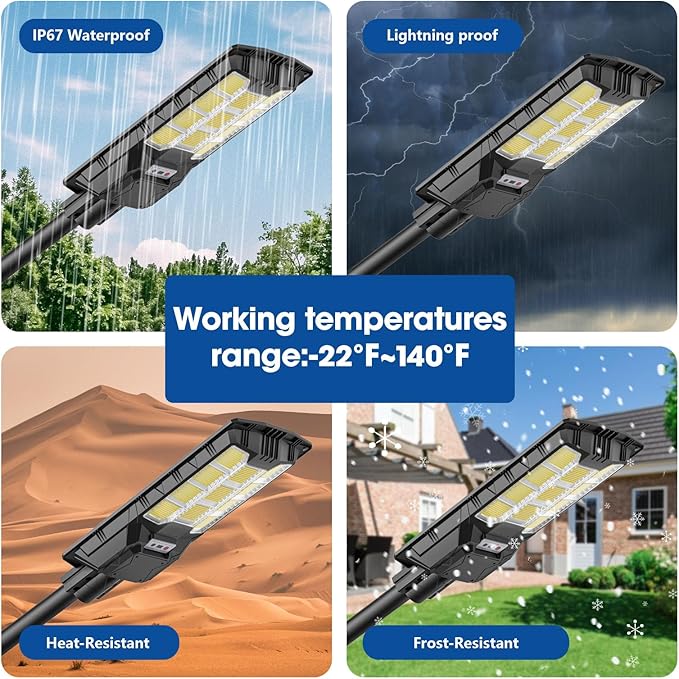 10000W Solar Street Light - 6500K Dusk to Dawn, IP65 Waterproof, Wide-Angle Motion Sensor + Remote Control for Courtyards/Parking Lots