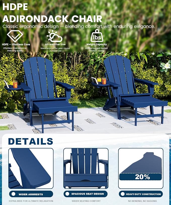 FOOWIN Folding Adjustable Adirondack Chair with Retractable Ottoman Set of 2, HDPE Adirondack Chair w/4 in 1 Cup Holder Trays,All-Weather Resistant Fire Pit Chair for Outdoor Patio Lawn, Navy Blue
