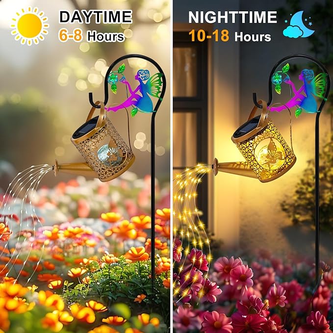 Solar Lights Garden Decorative, Solar Watering Can with Cascading Lights, Waterproof Metal Lantern with Fairy Shepherd Hook, Outdoor Decor for Yard, Patio, Gifts for Mother's Day, Christmas, Women