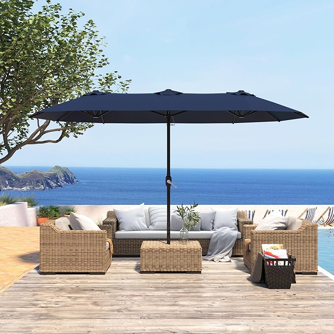 15ft Patio Umbrella with Base,Large Outdoor Double-Sided Rectangle Umbrella with Crank Handle, Market Umbrella for Poolside Garden Deck Backyard Beach Pools, Blue