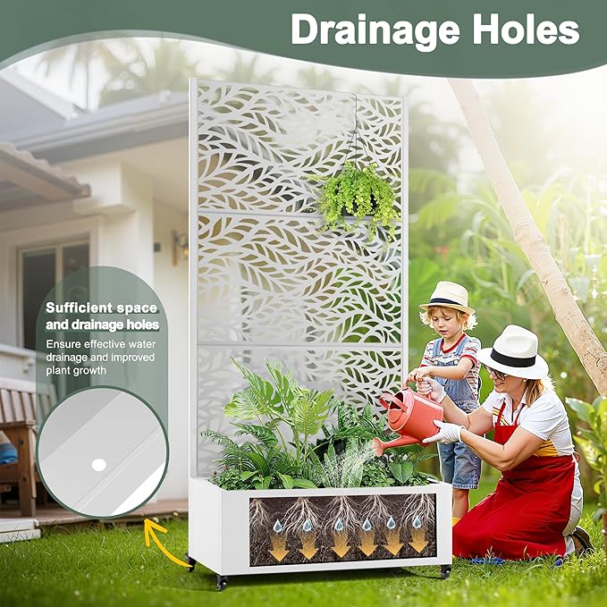 Metal Standing Planter Box with Trellis, Privacy Planter for Patio, Outdoor Raised Garden Beds with Trellis for Climbing Plants, Garden Boxes with Wheels & Drainage Holes (35"L, White Spring)