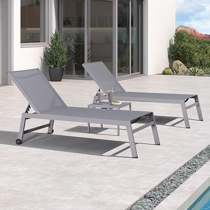 PURPLE LEAF Outdoor Chaise Lounge Set for 2 Oversized Pool Lounge Chairs with Easy-to-Move Wheels and Adjustable Backrest Extra Large Patio Loungers for Poolside Deck Beach Yard Table Included, Grey