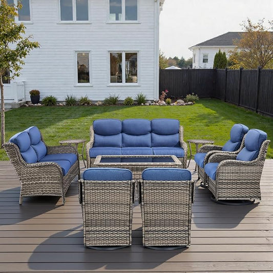 Outdoor Swivel Rocker Patio Chairs Set of 9 with 5" Thick Cushions,9 Piece Furniture Set with Fire Pit Table All Weather Wicker Conversation Set for Porch Deck - Grey Wicker | Blue Cushions
