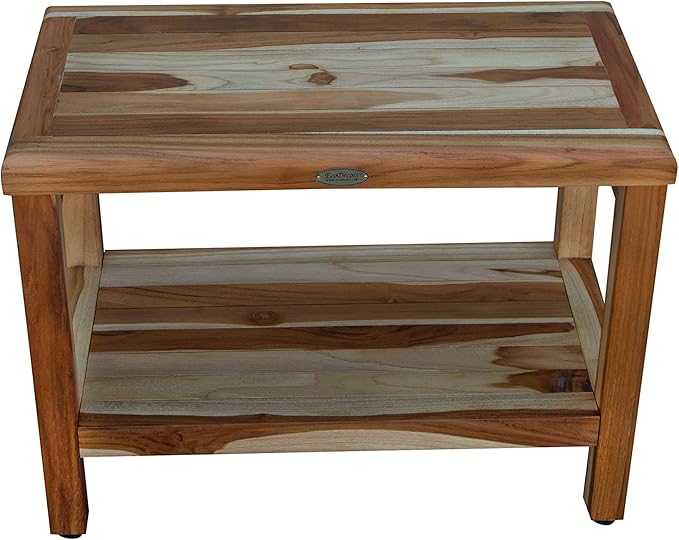 EcoDecors Eleganto 24 Inch Natural Color Waterproof Teak Wood Shower Bench Stool Seat Chair For Inside Shower Provides Safety, Storage, and Organization For Bathroom Accessories