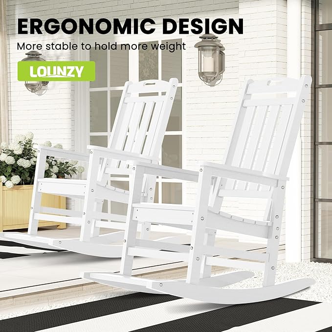 LOUNZY Outdoor Rocking Chair with Footboards Set of 4, HDPE Rocking Chair Patio Porch Rocker with 380lbs Support for Adult, White