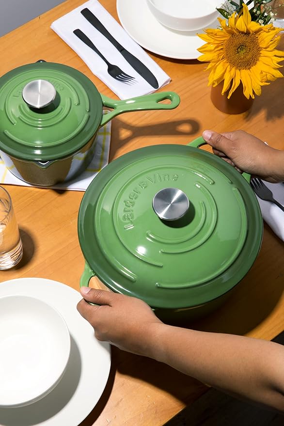 Larder & Vine 4-Piece Enameled Cast Iron Set, Oven Safe and Suitable for All Cooktops – includes 5.7 Quart Dutch Oven Pot with Lid and 2.2 Quart Saucepan with Lid (Okra)