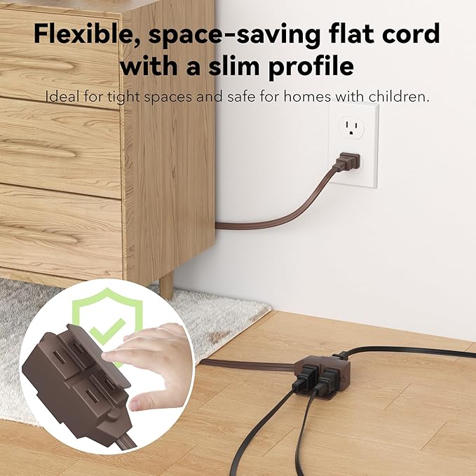 BN-LINK 9ft Indoor Extension Cord, 2 Pack, 3-Outlet Polarized Flat Cable, Household Power Cord for Home, Office, and Holiday Decorations, Brown