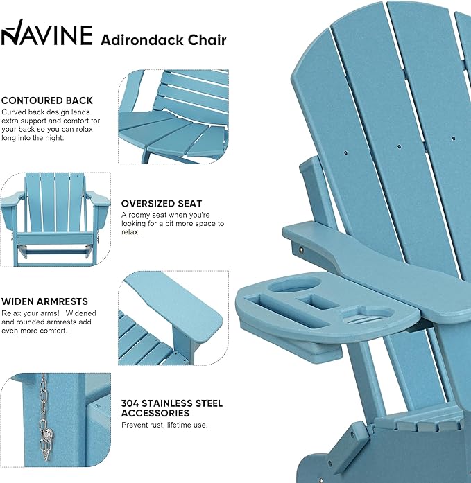 Adirondack Chair Set of 2, HDPE Folding Adirondack Chair with Multifunctional Cup Holder, Weather Resistant Fire Pit Chair for porches, patios, patios, poolsides, Decks.