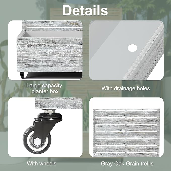 Metal Planter Boxs with Trellis & Wheels for Outdoor Plants, Vines, Large Raised Garden Beds with Drainage Holes for Patio (47" L, Gray Oak Grain)