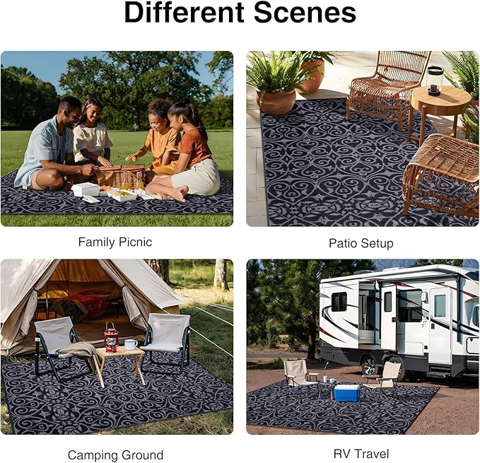 OLANLY Outdoor Rug Waterproof 8x10 ft Clearance, Reversible Outdoor Plastic Straw Rug with Floral Pattern, RV Mat for Patio, Camping, Balcony, Deck, Backyard, Black & Grey