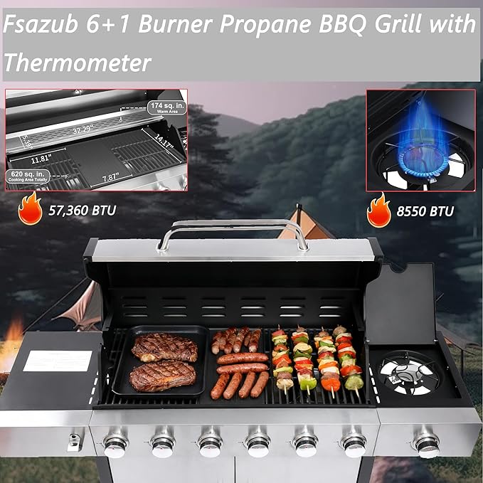 6-Burner Propane Gas BBQ Grill with 1 Side Burner, 65910 BTU Output Stainless Steel Outdoor Grill w/Cast Iron Grating Mesh, Built-in Thermometer for Cooking & Outdoor BBQ