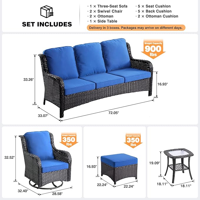 ovios 6-Pieces Patio Furniture Set with Swivel Chairs, Outdoor Wicker Sofa Couch Gliders Rocker Comfy Cushions, High Back Modern Conversation Set, Brown Rattan, Navy Blue