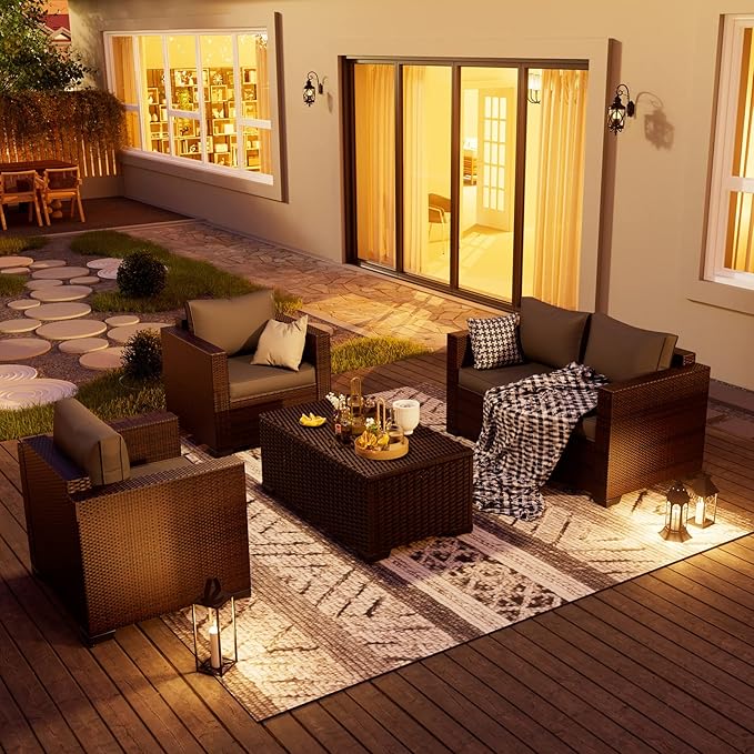 UDPATIO 4 Piece Patio Furniture Set, Wicker Patio Set with Storage Coffee Table and Dark Grey Cushions, Outdoor Patio Furniture for Porch Balcony