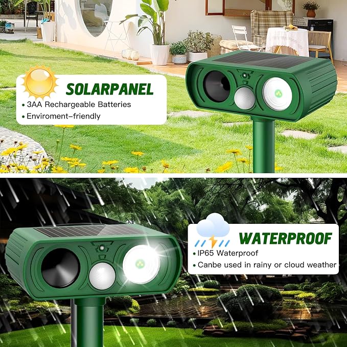 Animal Deterrent Devices Outdoor, Solar Animal Repeller with Motion Sensor Animal Repeller to Repel Cat, Deer, Squirrel, Rabbit, Dog, Skunk (Green - 1 Pack) Model12