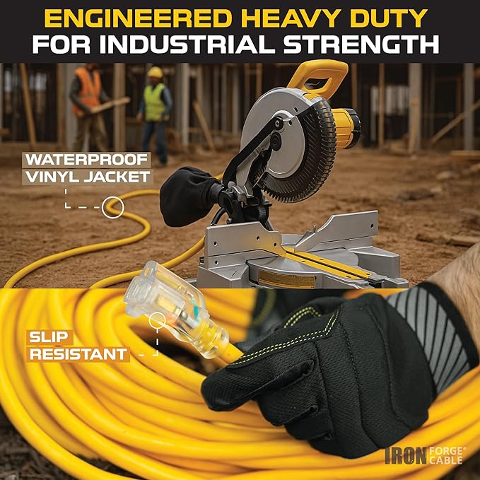 Iron Forge Cable 200 Foot Lighted Outdoor Extension Cord - 12/3 SJTW Heavy Duty Yellow Extension Cable with 3 Prong 15 AMP Grounded Plug for Safety