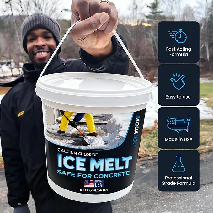 AquaDoc Ice Melt Safe for Concrete - Snow Salt & Rock Salt for Snow, Calcium Chloride Ice Melt for Driveway & Sidewalk Effective at -25°F, 10 Pounds