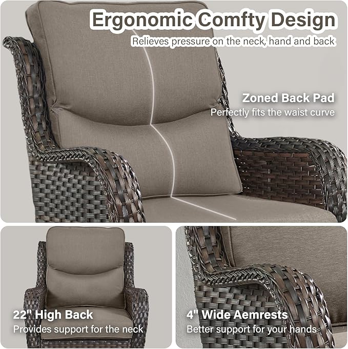 Outdoor Swivel Rocker Patio Chairs with 5" Thick Cushion - 3 Piece Wicker Bistro Set with Side Table, High Back Comfty Outdoor Glider Chairs for Balcony, Porch, Deck, Poolside - Brown/Gray