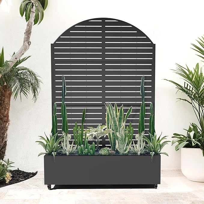 Metal Planter Box with Trellis for Climbing Plants Vegetables, Raised Garden Beds with Privacy Screen & Wheels, Standing Flower Box with Drainage Holes (47" L, Black Arch)