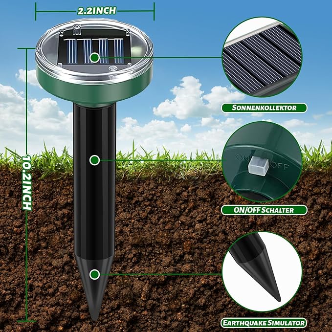 Solar Ultrasonic Mole Repellent 10 Pack,Snakes Gophers Voles Repellent Outdoor Waterproof, Rodents Repeller for Lawn Garden, Detterrent and Repel Moles Groundhogs Chipmunks Squirrels