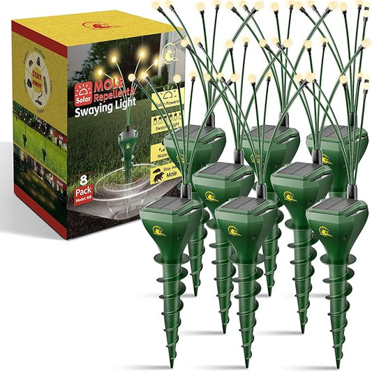 8 Pack Mole Repellent for Lawns Solar Powered Groundhog Spikes, Ultrasonic Mole Stakes for Yard, Waterproof Gopher Repellent to Get Rid of Chipmunk, Vole and Snake for Garden