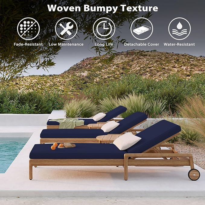 Sundale Outdoor Olefin Chaise Lounge Cushion Set of 2, Water-Resistant Patio Lounge Chair Cushion, Thick Lounger Pad with 4 Straps Navy Blue, 80 x 26 x 4 Inches