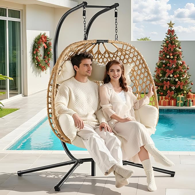 ONBRILL Double Hanging Egg Chair with Stand, Bohemian Knot Style Hammock Swing Chair, Foldable Basket & Denser Weaves, 650 Lbs Capacity Loveseat with UV Resistant Cushion for Patio, Backyard (Beige)