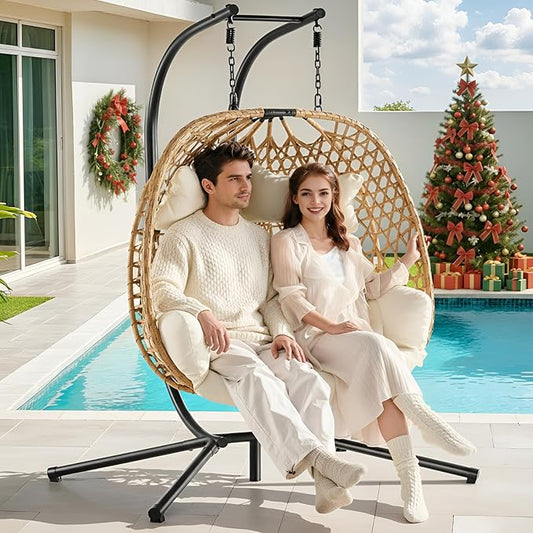 ONBRILL Double Hanging Egg Chair with Stand, Bohemian Knot Style Hammock Swing Chair, Foldable Basket & Denser Weaves, 650 Lbs Capacity Loveseat with UV Resistant Cushion for Patio, Backyard (Beige)
