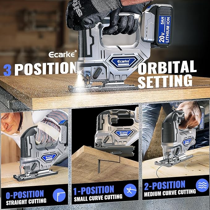 Ecarke Cordless Jigsaw Compatible with Dewalt 20V, Brushless Motor, Variable Speed, LED Light, 0°-45° Bevel Cuts, 3-Position Orbital Action for Cutting (With 5Ah Battery & Charger Station Kit)