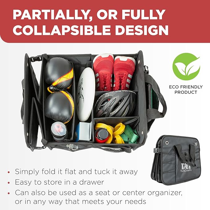 TRUNKCRATEPRO - XL Trunk Organizer For SUV, Car, Truck with 6 Compartments Adjustable Collapsible Portable Non-Skid Premium Cargo Storage Truck Organizer W Straps, Heavy Loads (Extra Large, Gray)