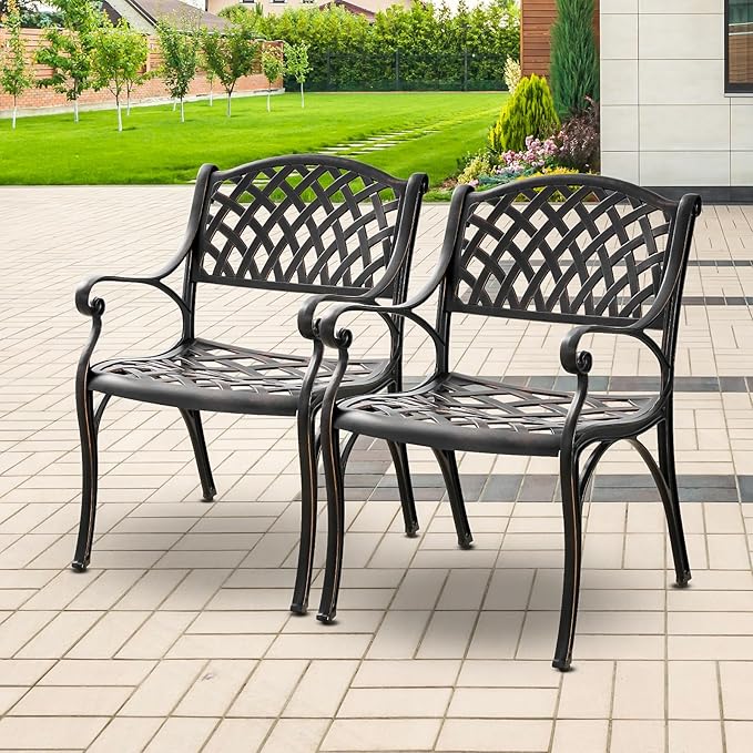 Patio Bistro Chairs Set of 2 Cast Aluminum Patio Dining Chairs,Outdoor Dining Chairs with Armrest,All Weather 2 Piece Bistro Patio Dining Chair for Balcony, Backyard, Garden,Bronze