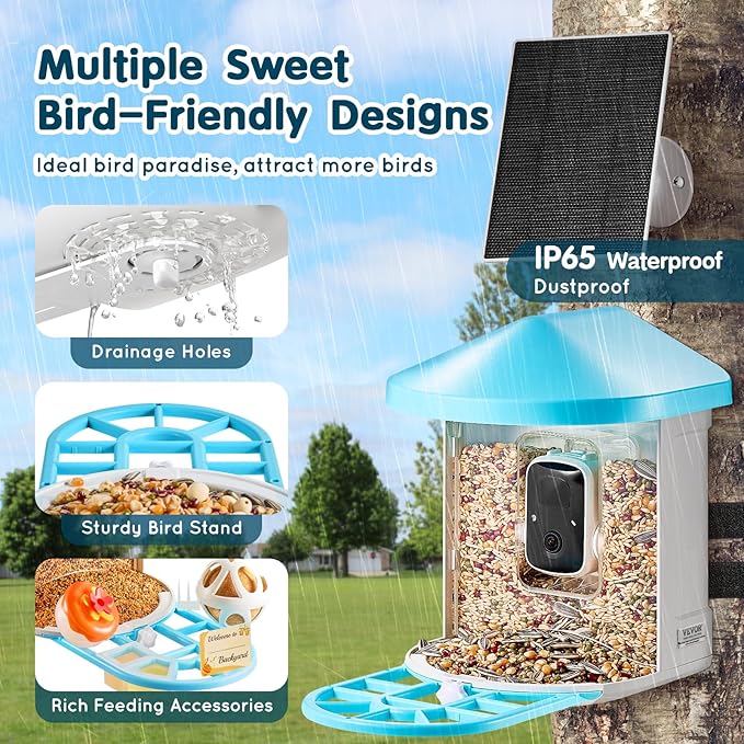 VEVOR Bird Feeder with Camera, Smart Bird House Camera Solar Powered, Wireless Vedio Birdhouse with AI Identify Resolution, 2K Full HD, Auto Detect & Notify, Ideal Present Choice for Bird Lover