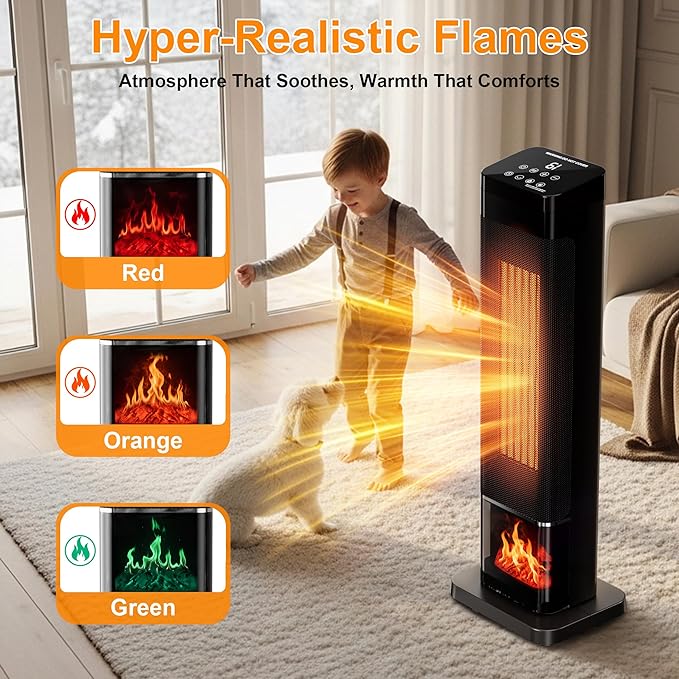 YEW Space Heater for Indoor Use, 1500W Portable Electric Heater with Thermostat, 120° Oscillation, 24H Timer, Remote Control, Ceramic Tower Heater Fan for Large Room, Bedroom, Office, Garage, 25"