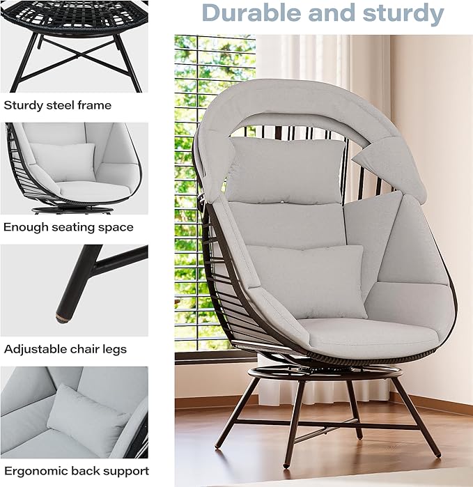 LAUSAINT HOME Oversized 360° Swivel Egg Chair with Cushion & Sunshade Brim, Indoor & Outdoor Egg Chair for Patio, Lounge, Balcony, Grey Cushion & Black Frame