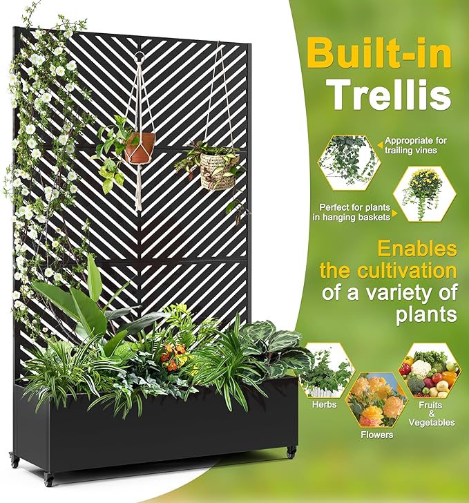 FENCY Metal Raised Garden Bed with Wheels and Trellis,73"x47"x16" Planter Box for Climbing Plants, Vegetables & Vines, Features Privacy Screen and Drainage Holes (Black-Arrow)