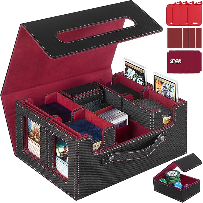 Trading Card Storage Box for MTG, MTG commander deck box，Multi-purpose Deck Case for MTG TCG Sports Card, 4 Toploaders, 4 Stoppers, 4 Colorful Dividers (Black & Red)