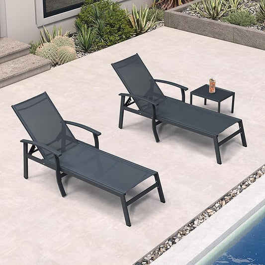 PURPLE LEAF Chaise Lounge Chair Outdoor 2 Pieces Pool Lounge Chairs 5 Adjustable Position with Armrests and Side Table, Aluminum Patio Lounge Chair for Outside, Backyard, Pool, Grey