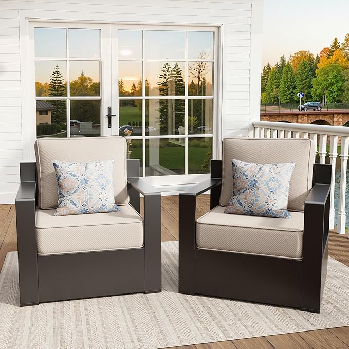 Aluminum Patio Chairs Set of 2, All Weather Use Outdoor Dining Chairs with Rectangular Framed Metal Armrest & 6" Fade-Resistant Cushions & Chair Covers for Deck Balcony Backyard (Beige)