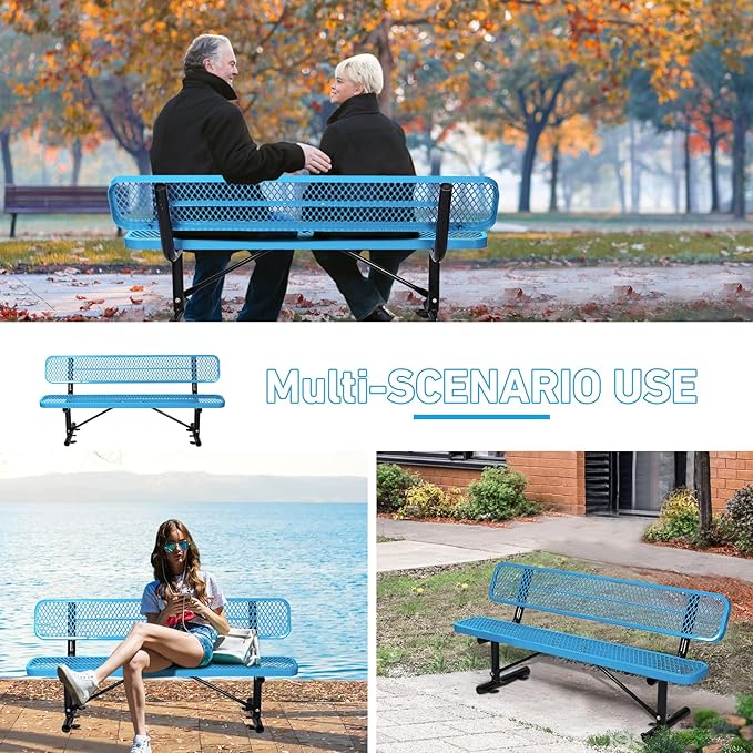 6Ft Outdoor Bench with Back Portable Frame, Outdoor Steel Park Bench with Backrest, Expanded Metal Mesh Bench for Outside, Lawn, Backyard, Park, Garden, Patio, Porch, Blue
