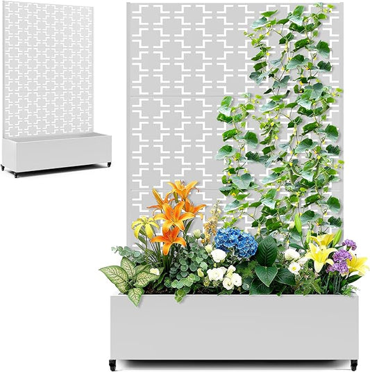 Metal Large Planter Box with Trellis Privacy Screen, Outdoor Raised Garden Beds with Wheels for Climbing Plants Vegetables, Outdoor Standing Flower Beds with Drainage Holes (47"L, White Square)