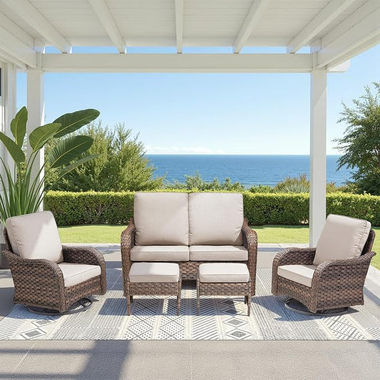 5 Pieces Patio Furniture Set, Outdoor Wicker Sofa with Swivel Patio Chairs, Ottomans, All Weather High Back Rattan Loveseat Couch with Comfy Cushions, Brown/Beige