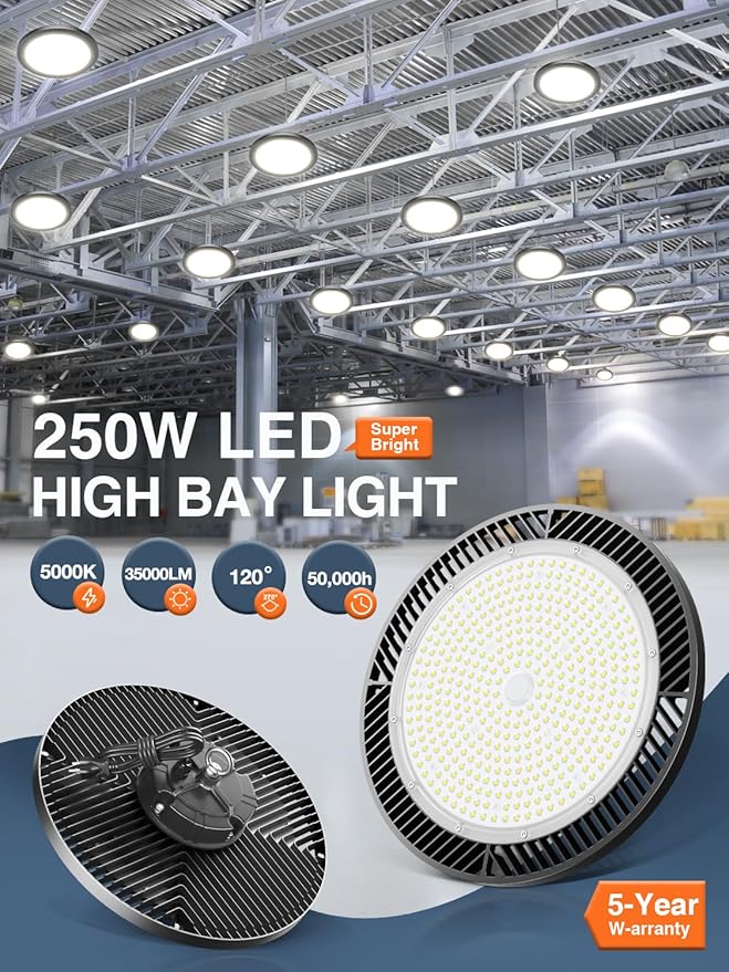 Super Bright 250w Ufo Led High Bay Light 4 Pack,5000k 35000lm High Bay Led Shop Lights With 5' Cable Plug,Hanging Shop Lights Garage Barn Lighting Light With Garage Workshop Factory Barn Warehouse