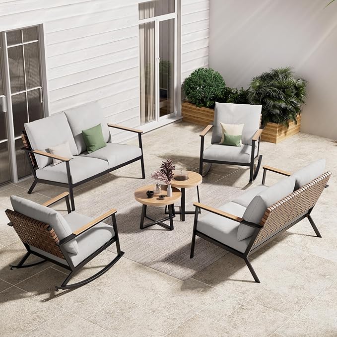 Grand patio Outdoor Rocking Chairs, 6-Piece Leather-Look Patio Bistro Set Outdoor Furniture Conversation Sets with Loveseat, 2 Rocking Chairs and 2 Faux Wood Grain Coffee Table, 4.75'' Grey Cushions